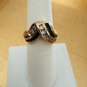 14K Yellow Gold Diamond and Emerald Chevron Ring size 6.5